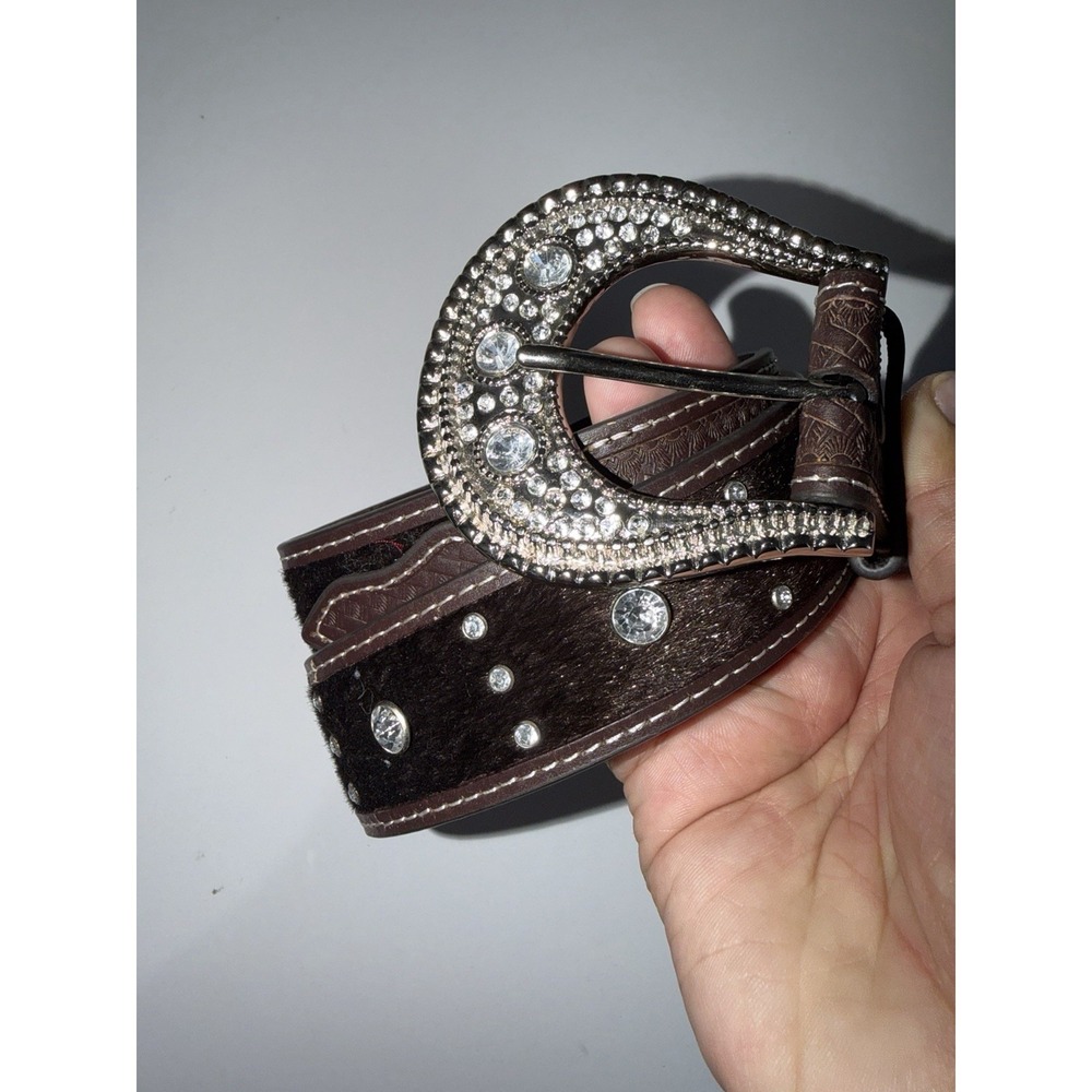 Women's Size M 38" Western Rhinestone Belt Brown Faux Horse Hair Silver Buckle‎
